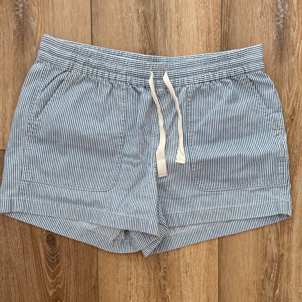 J. Crew Women's Light Blue and White Pinstripe Drawstring Shorts